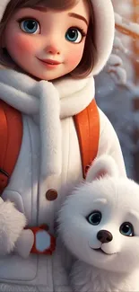 Cute girl in winter coat with fluffy puppy in snowy background.