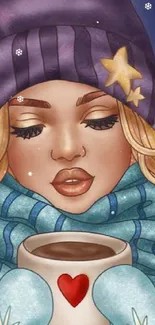 Cozy winter girl with coffee and stars in vibrant colors.