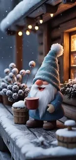 A cute gnome with a blue hat enjoys snow beside a cozy wooden cabin.