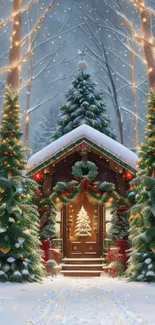 Festive cabin in snowy winter forest with Christmas decorations and lights.