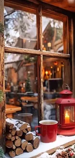 Cozy winter window with red lantern and snow-covered scenery.
