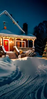 Cozy winter home scene with snow and lights.