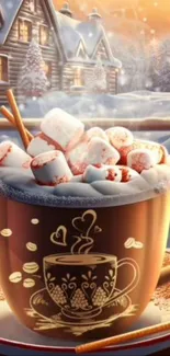 Cozy cup of hot chocolate with marshmallows by a snowy cabin window.