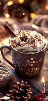Mug of hot chocolate with whipped cream and festive decor.