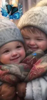 Two children in winter clothing, sharing a happy embrace.