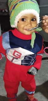 Adorable toddler in a red winter outfit with a knitted cap.