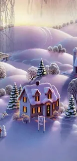 Cozy winter landscape with snowy hills and quaint cottages.