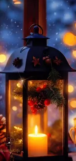 Cozy winter lantern with a glowing candle and holiday decor.