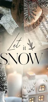 Cozy winter "Let It Snow" wallpaper with a snowy cottage and rustic elements.