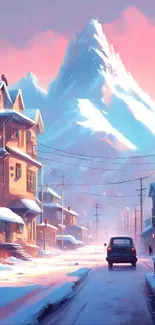 Cozy winter street with mountains at sunset.