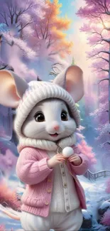 Cute mouse in winter clothes amidst a magical snowy forest.