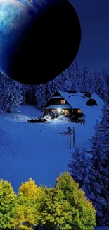 Cozy cabin in snowy forest at night with a large moon overhead.