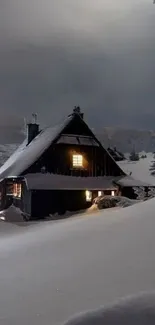 Cozy cabin in snowy landscape under night sky.