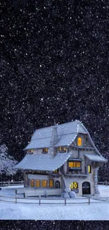 Snowy cottage under starry winter sky wallpaper