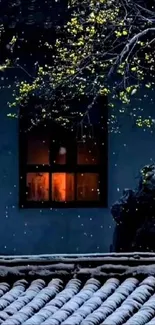 Snowy night scene with glowing window and yellow blossoms.