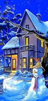 Snow-covered house and snowman on a winter night.