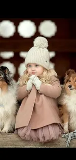 Child in winter attire with two dogs on a bench in a rustic setting.