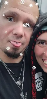 Smiling people with snowflake effect overlay.