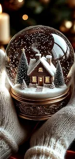 Hands holding a cozy winter snow globe with candles and trees.