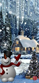 Snowy scene with snowman and cozy cottage.