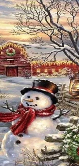 Snowman with top hat near rustic barn in winter landscape.