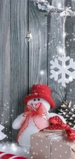 Cozy winter snowman with red hat and holiday decor.