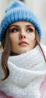 Woman in blue beanie and white scarf, cozy winter look.