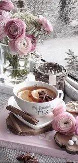 Cozy winter tea scene with pink flowers by a snowy window.