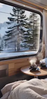 Cozy train interior with winter view out the window and steaming cups.