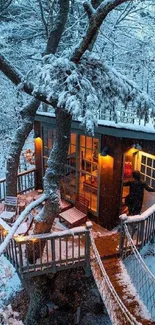 Cozy treehouse in a snow-covered forest with warm lights at night.