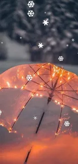 Illuminated umbrella with lights in snowy winter scene.