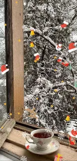 Snowy forest view with tea cup on a rustic window sill.