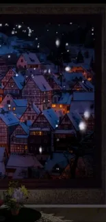 Snowy village at night with glowing windows and a cozy atmosphere.