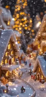 Snowy village scene with cozy cottages and twinkling lights at night.