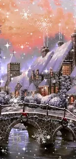 Cozy winter village scene with snowflakes and a stone bridge.