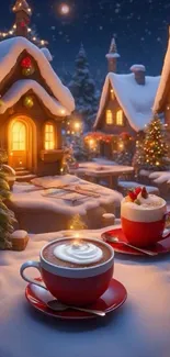 Cozy winter village with cocoa cups.