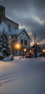 Snowy village street at dusk with glowing street lamps and winter ambiance.