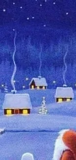 Cozy winter village with snow and stars.