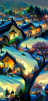 Cozy winter village scene with glowing lights in the snow at night.