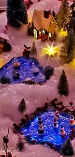 Cozy winter village scene with illuminated cottages and icy ponds.