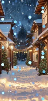 A cozy, snow-covered village at night with festive lights and decorations.