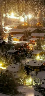 Snowy village with warm lights at night, creating a cozy ambiance.