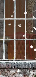 Cozy winter scene with snowflakes outside a vintage window.