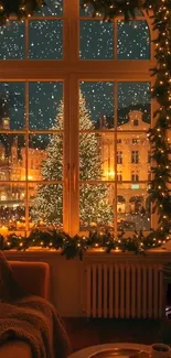 Cozy winter scene with city lights viewed through a decorated window.