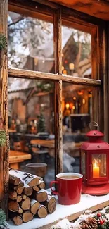 Cozy winter window with red lantern and snow.