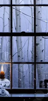 Cozy window scene with lamp and birch forest in winter.