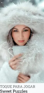 Woman in fur coat with coffee, snow falling.