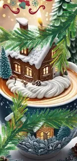 Artistic depiction of a cozy snowy cabin on a cup of coffee.