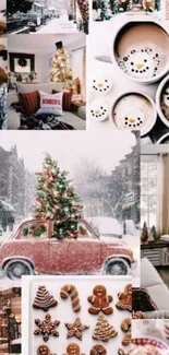 Collage of cozy winter scenes with snow, festive decor, and holiday cheer.