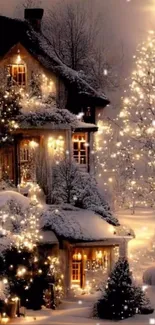 Snow-covered cottage illuminated by festive lights in winter night scene.